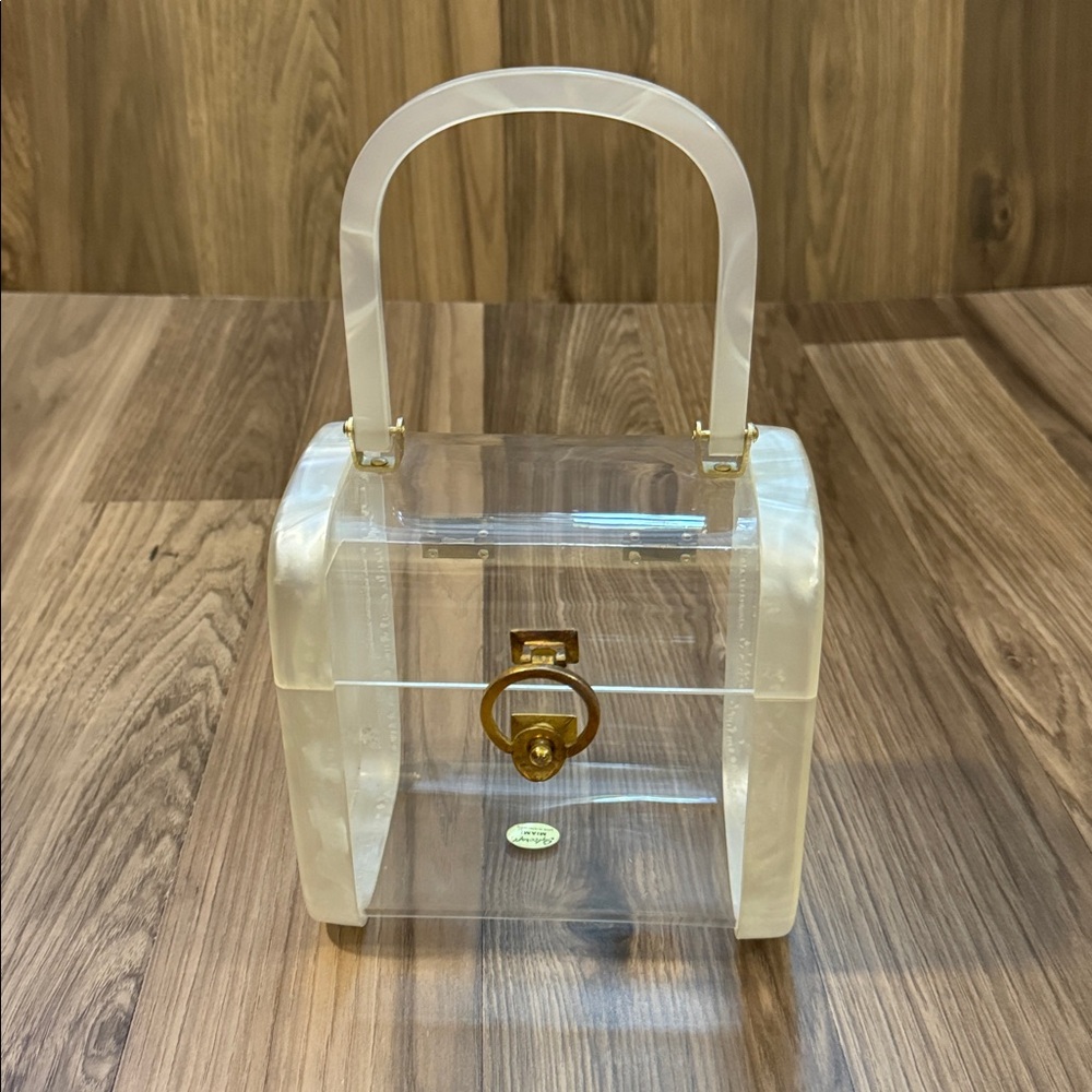 Vintage Lucite Pearlized Unique Top Handle Boxy Chic Handbag Hong Kong 6”x6”